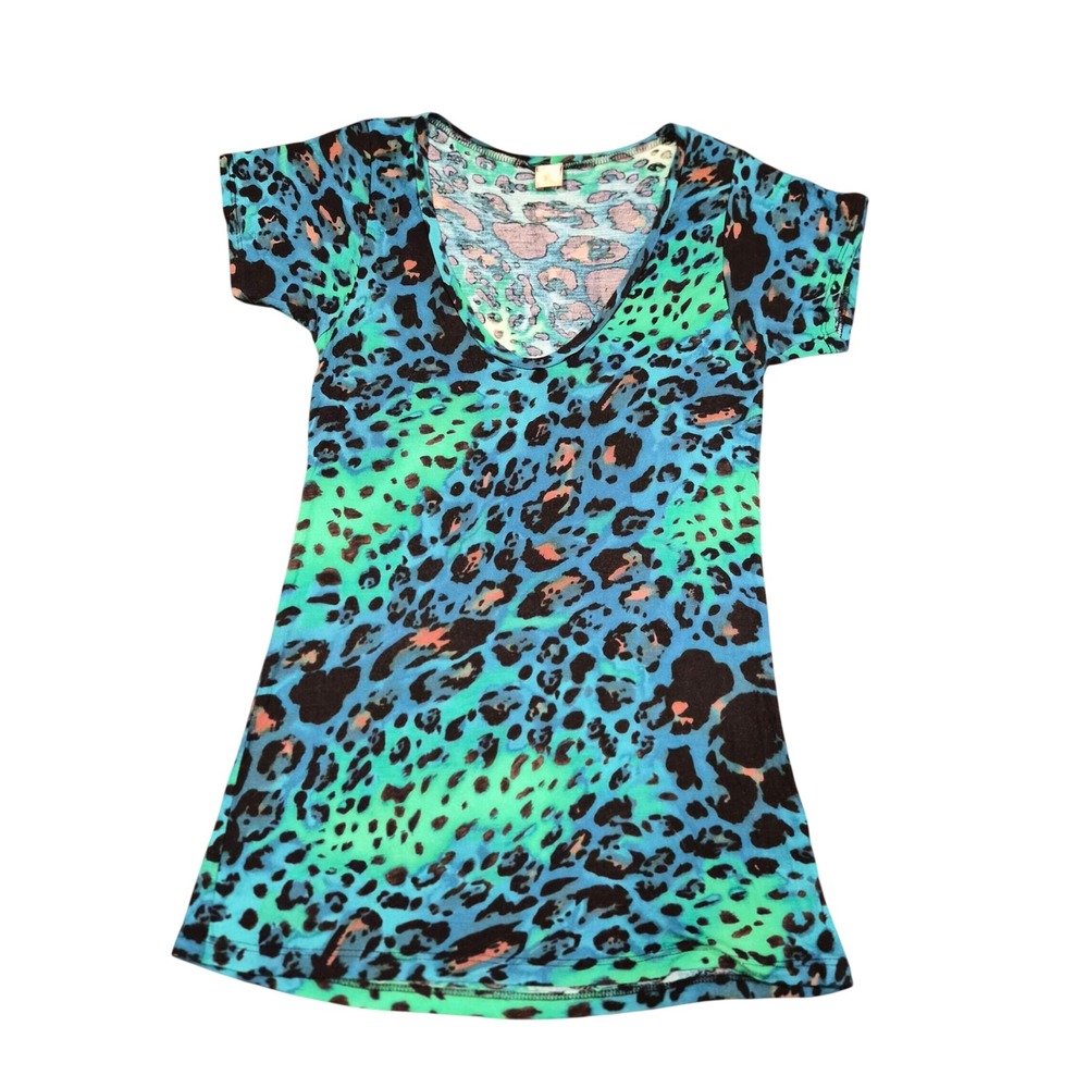 Lush Neon Leopard Print Scoop Neck Rayon Top Teal Green Black Large T3898